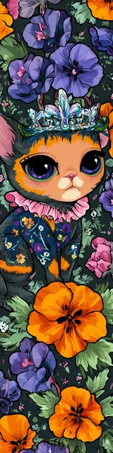 Free kawaii cats bookmark featuring a king cat with yellow and purple flowers